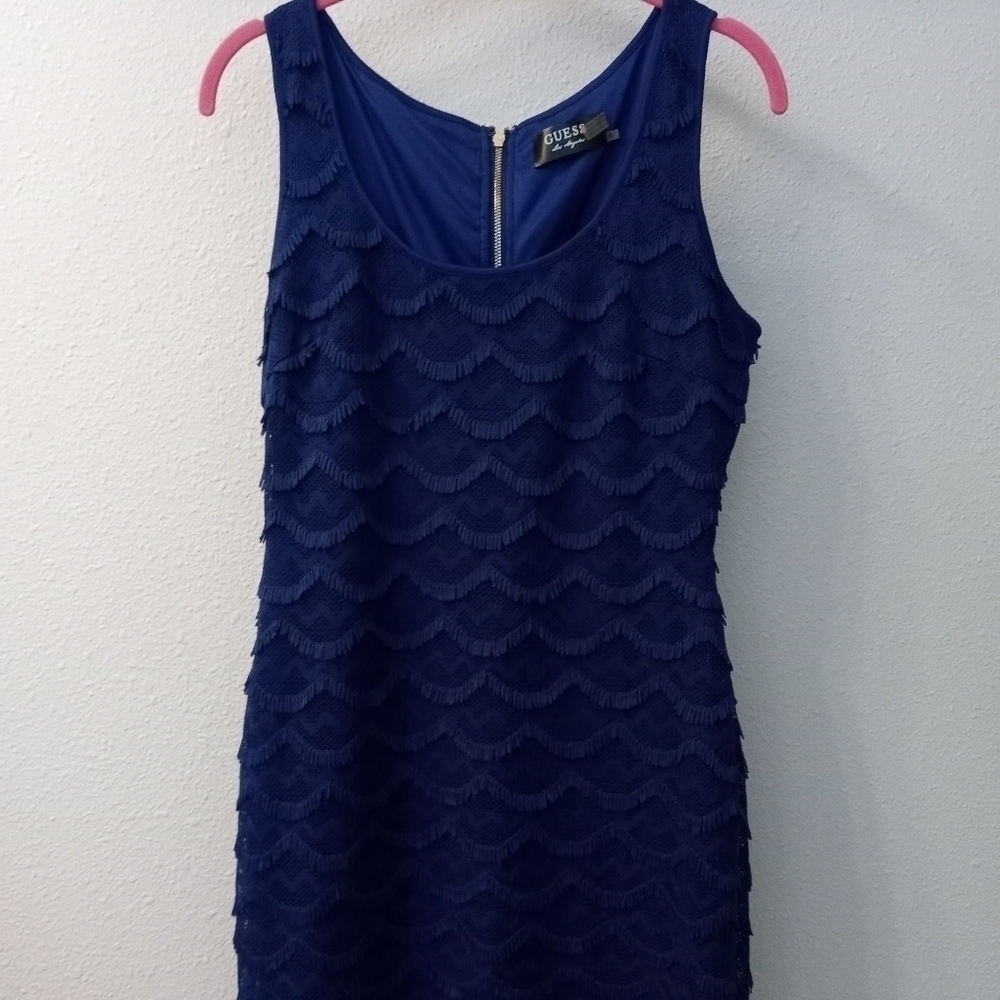 GUESS blue/violet dress, lace with fringe detail, gold zipper